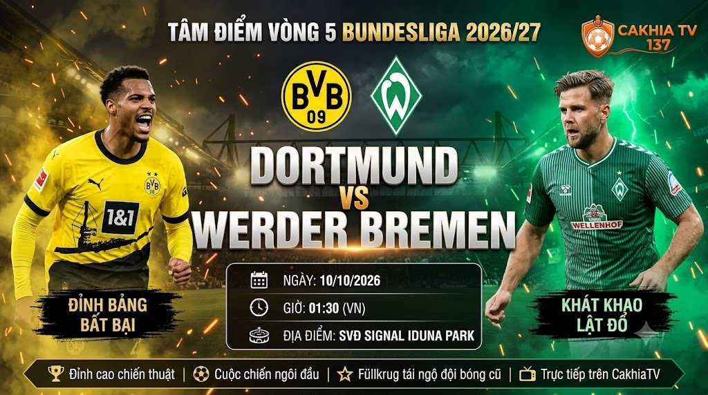 Ảnh bìa nhận định trận đấu Dortmund vs Werder Bremen vòng 5 Bundesliga 2026/27 cập nhật mới nhất trên chuyên trang bóng đá CakhiaTV.