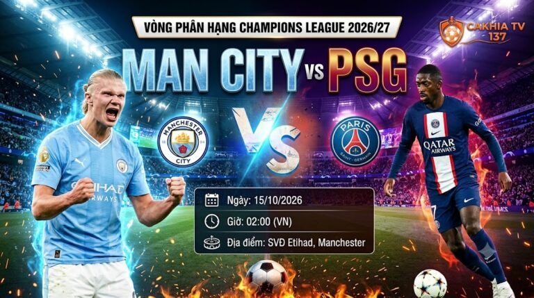 Nhận định và xem trực tiếp bóng đá trận Man City vs PSG tốc độ cao tại CakhiaTV vòng phân hạng Cúp C1.
